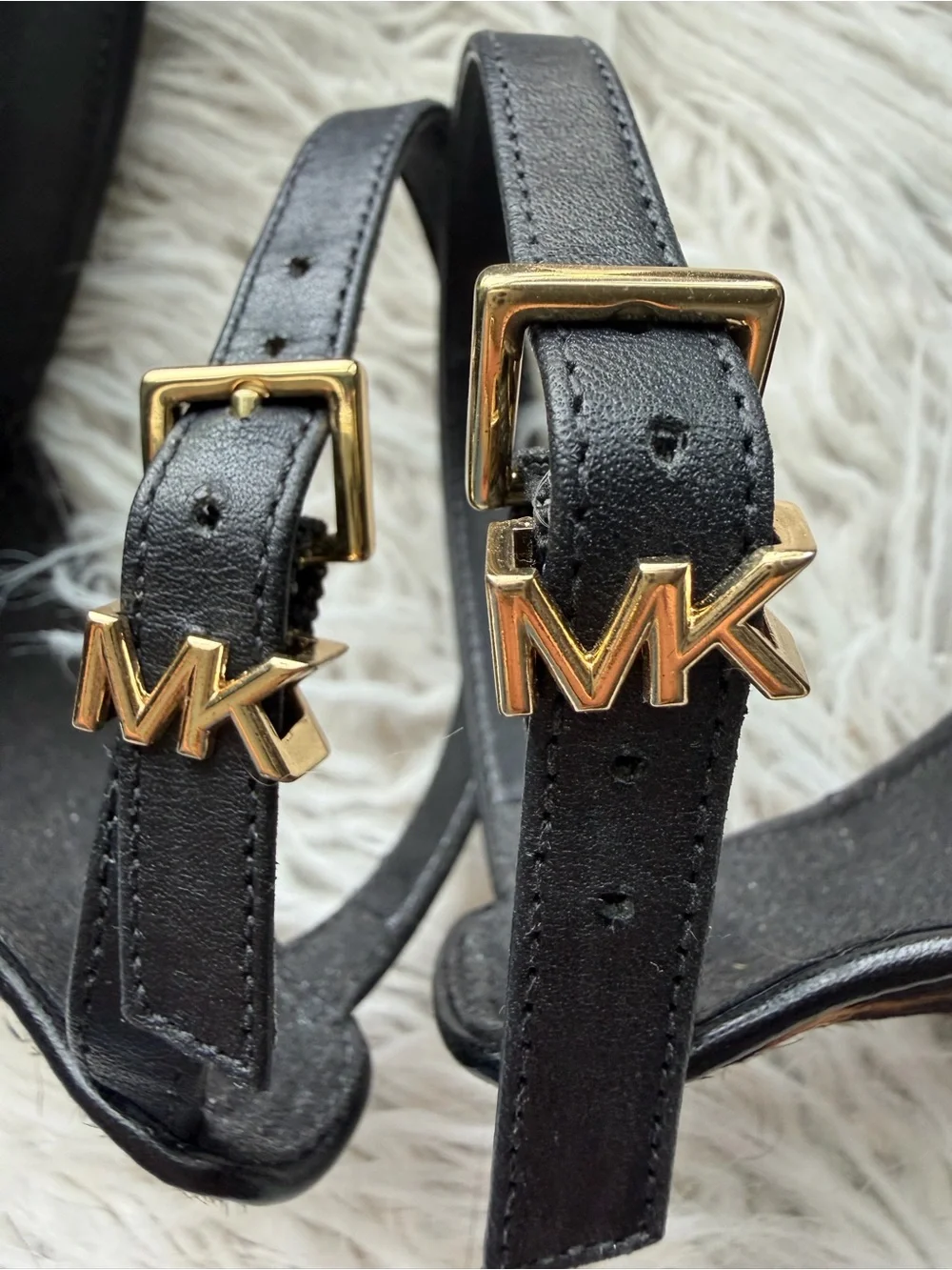 Michael Kors Leopard Calf Hair Wedge Sandals Black Gold Ankle Strap